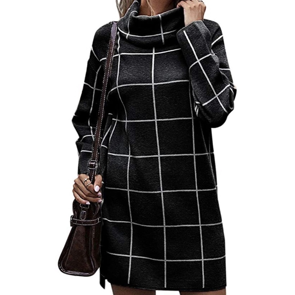 PLAID BLACK WHITE SWEATER DRESS NWT